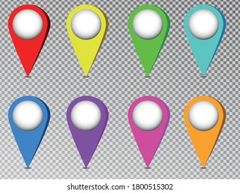 Set von Kartenzeichen mit verschiedenen Farben und weißem Zentrum mit 3D-Effekt und Schatten. Kennzeichnung eines Ortes auf einer Karte oder einem Plan.