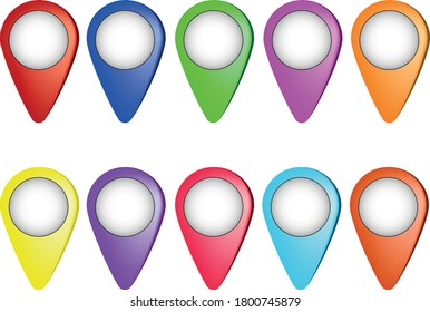 Set of map poiters with different colors and white center. 3d effect. Complementing your own design.