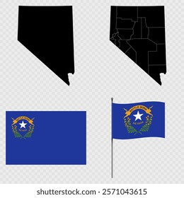 Set of map and map with province, flag and flagpole of Nevada state. Vector illustration.