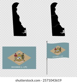 Set of map and map with province, flag and flagpole of Delaware state. Vector illustration.