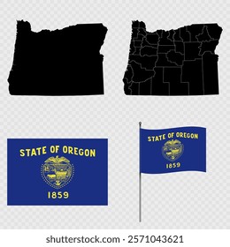 Set of map and map with province, flag and flagpole of Oregon state. Vector illustration.