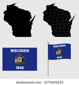 Set of map and map with province, flag and flagpole of Wisconsin state. Vector illustration.