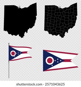 Set of map and map with province, flag and flagpole of Ohio state. Vector illustration.