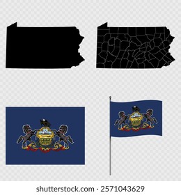 Set of map and map with province, flag and flagpole of Pennsylvania state. Vector illustration.