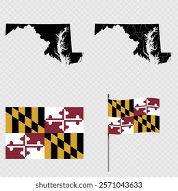 Set of map and map with province, flag and flagpole of Maryland state. Vector illustration.