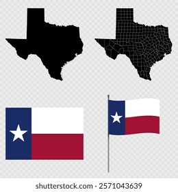 Set of map and map with province, flag and flagpole of Texas state. Vector illustration.