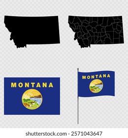 Set of map and map with province, flag and flagpole of Montana state. Vector illustration.