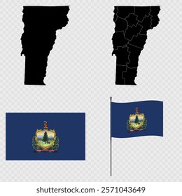 Set of map and map with province, flag and flagpole of Vermont state. Vector illustration.