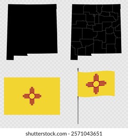 Set of map and map with province, flag and flagpole of New Mexico state. Vector illustration.