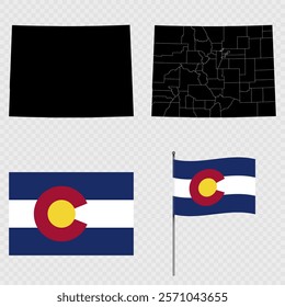 Set of map and map with province, flag and flagpole of Colorado state. Vector illustration.