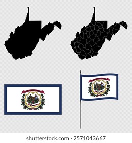 Set of map and map with province, flag and flagpole of West Virginia state. Vector illustration.