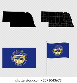 Set of map and map with province, flag and flagpole of Nebraska state. Vector illustration.