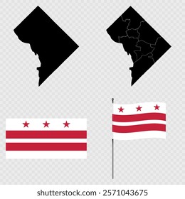 Set of map and map with province, flag and flagpole of Washington DC. Vector illustration.