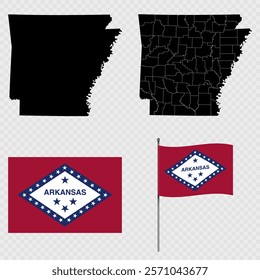 Set of map and map with province, flag and flagpole of Arkansas state. Vector illustration.