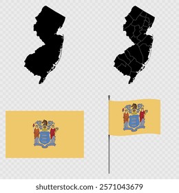 Set of map and map with province, flag and flagpole of New Jersey state. Vector illustration.