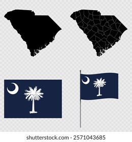 Set of map and map with province, flag and flagpole of South Carolina state. Vector illustration.