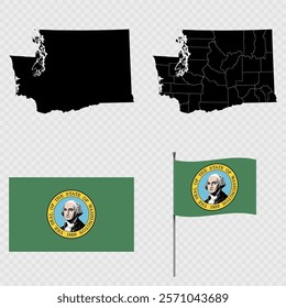 Set of map and map with province, flag and flagpole of Washington state. Vector illustration.