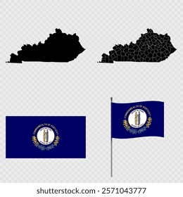 Set of map and map with province, flag and flagpole of Kentucky state. Vector illustration.