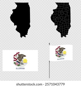 Set of map and map with province, flag and flagpole of Illinois state. Vector illustration.