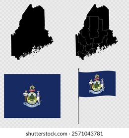 Set of map and map with province, flag and flagpole of Maine state. Vector illustration.