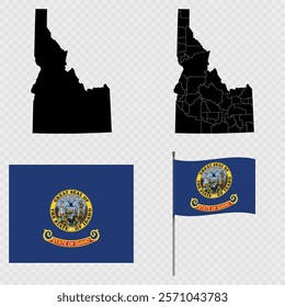 Set of map and map with province, flag and flagpole of Idaho state. Vector illustration.