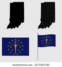 Set of map and map with province, flag and flagpole of Indiana state. Vector illustration.