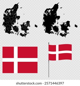 Set of map and map with province, flag and flagpole of Denmark. Vector illustration.