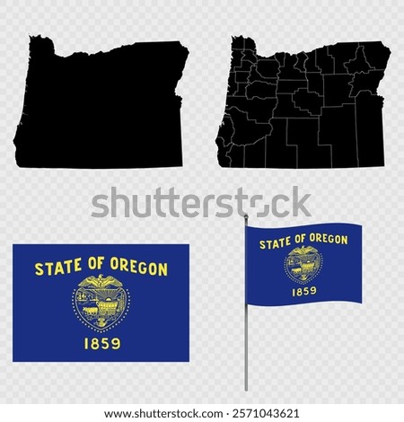 Set of map and map with province, flag and flagpole of Oregon state. Vector illustration.