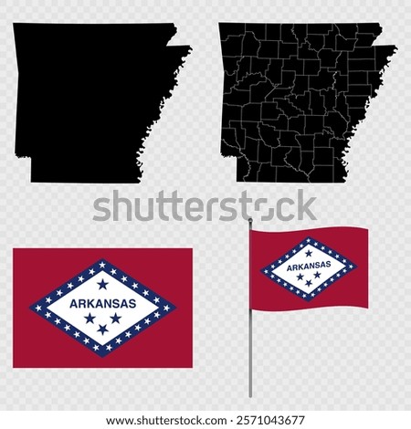 Set of map and map with province, flag and flagpole of Arkansas state. Vector illustration.
