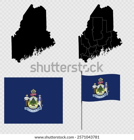 Set of map and map with province, flag and flagpole of Maine state. Vector illustration.