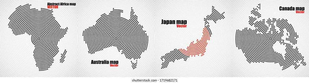 Set map of radial dots Africa, Australia, Japan and Canada. Vector illustration