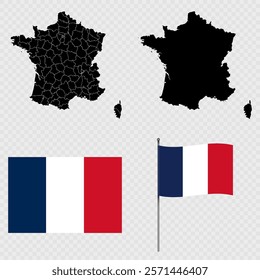 Set of map of region, flag and flagpole of France. Vector illustration.