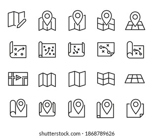 Set of map related vector line icons. Premium linear symbols pack. Vector illustration isolated on a white background. Web symbols for web sites and mobile app. Trendy design.