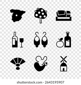 Set Map of Spain, Orange tree, Stadium Mestalla, Fan flamenco, Spanish wineskin, Windmill, Wine bottle with glass and Earrings icon. Vector