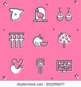 Set Map of Spain, Spanish woman, Earrings, Aqueduct Segovia, Orange fruit, tree, wineskin and Peineta icon. Vector