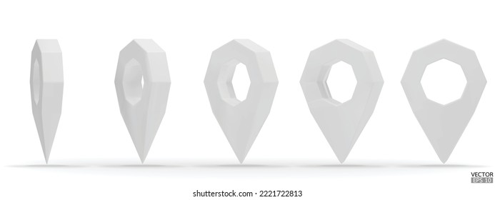 Set of map white pointer isolated on white background. White location pin or navigation. 3D Locator mark of map pointer, symbol, position. 3D vector illustration.