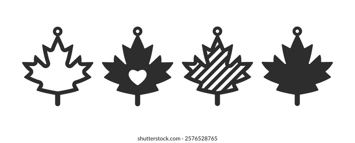 Set of maple leaf earrings, pendant or keychain design. Canada day patriotic jewelry silhouette cut template. Laser cutting with leather, wood or metal. Vector illustration file