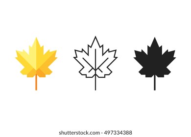 Set Of Maple Leaf Icons. Silhouette, Colorful Flat And Outline One With Editable Stroke. Stock Vector.