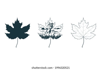 Set of maple leaf silhouette, outline and mystical design. Celestial leaves with mountain, clouds, moon and forest.