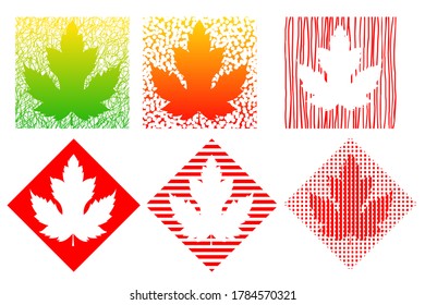 Set of maple leaves in squares and diamonds. Flat image with texture in red and green colors. Vector.