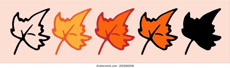 A set of maple leaves. Vector maple leaf in autumn colors, in different versions for a design template. Isolated outline and silhouette in black, red and yellow colors of autumn with a black outline