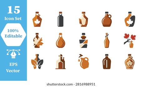 Set of maple syrup bottle icons with container breakfast mapleleaf culinary
