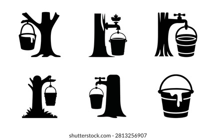 Set of maple syrup collection icons: buckets hanging on trees and spiles for tapping sap.