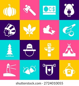 Set Ahornsirup, Indischer Tipi oder Perigwam, Peameal Speck, Kanadischer Dollar, Ahornblatt, Indianer, Kürbis und Kanada Icon. Vektorgrafik