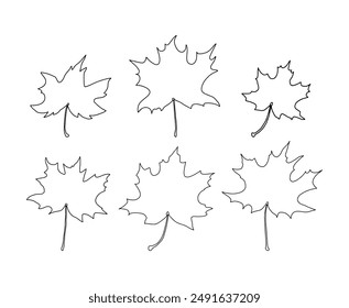 Set of maple tree leaves outline without veins. Autumn, fall. Maple tree leaf line art.