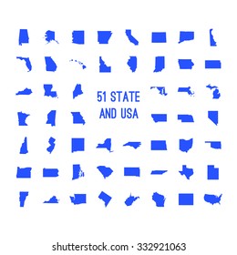 Set of maps of all 51 american states and USA map blue color