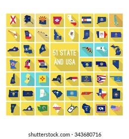 Set of maps of all 51 american states and USA flag style map with long shadow.