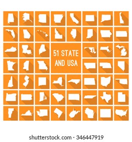 Set of maps of all 51 american states and USA white map on orange background with long shadow