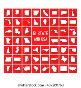 Set of maps of all 51 american states and USA white map on red background with long shadow
