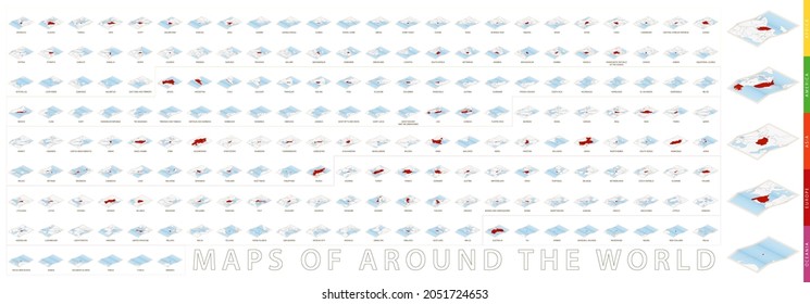 Set of maps of all countries of the world in isometric style. Folded paper map collection.